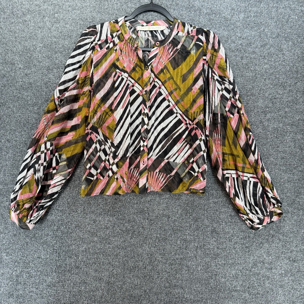 Marie Oliver Blouse Top Size XS Abstract Silk Blend Button Up Sheer Career Prep